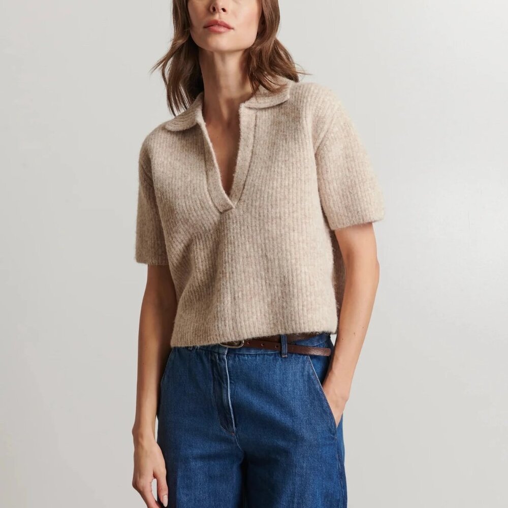 Line Joni Short Sleeve Collar Knit - Almond